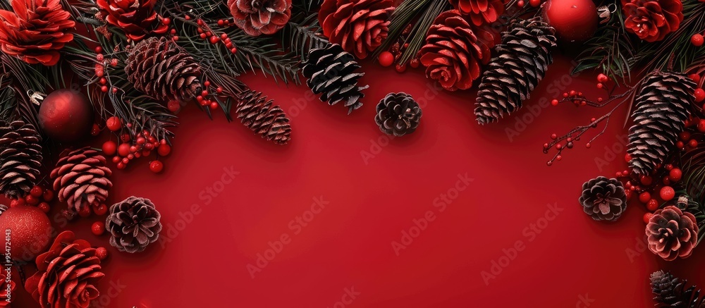 Poster gifts fir cones and red decorations arranged flat on a red background from a top view providing copy