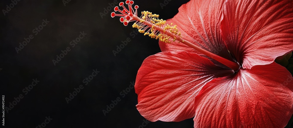 Poster Close up image of a red hibiscus bloom. with copy space image. Place for adding text or design