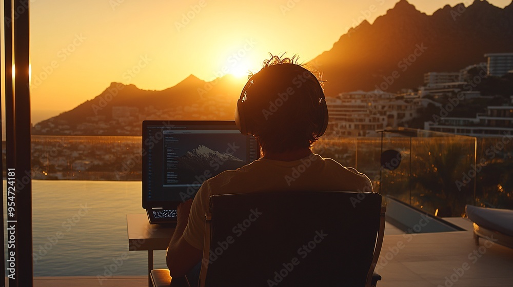 Poster Global connection visualized through a digital nomad participating in a video call from a remote island the screen shows other participants in city and mountain settings demonstrating the versatility