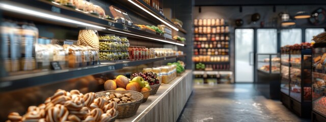 Modern grocery store with fresh produce and bakery items