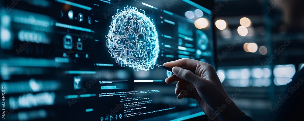 Poster artificial intelligence designing a website on a holographic display, futuristic design process, ai-