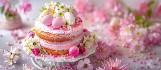 Arrangement featuring a delicious Easter cake decorated eggs and gypsophila flowers on a pink background. with copy space image. Place for adding text or design