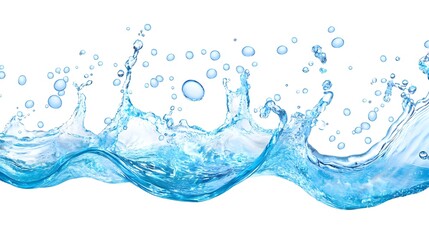 Blue Water Splash with Bubbles on White Background