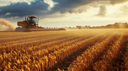 Fototapeta premium Golden wheat field being harvested by a combine harvester under a dramatic sky, capturing the essence of modern agriculture and farming.
