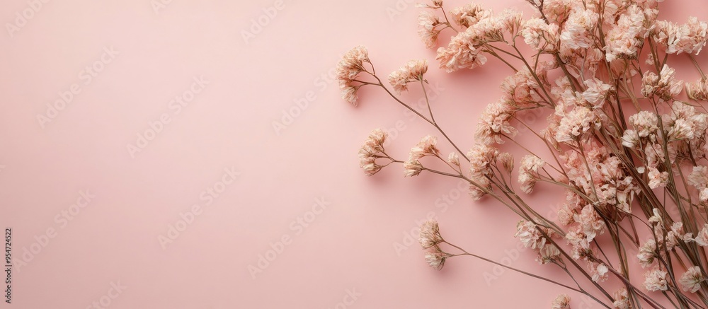 Poster dried flowers on a pink backdrop. with copy space image. place for adding text or design