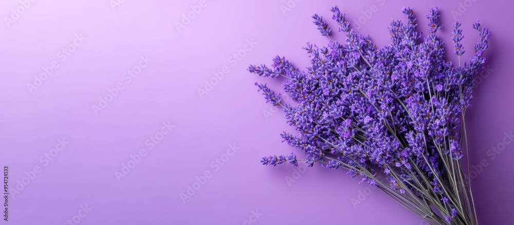 Poster bouquet of purple lavender flowers against a purple background top view copy space minimal backgroun