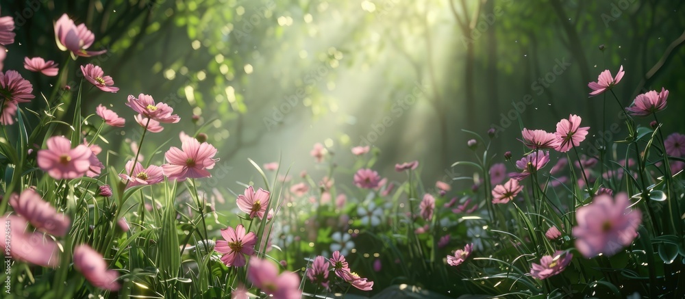 Poster pink flower garden. with copy space image. Place for adding text or design