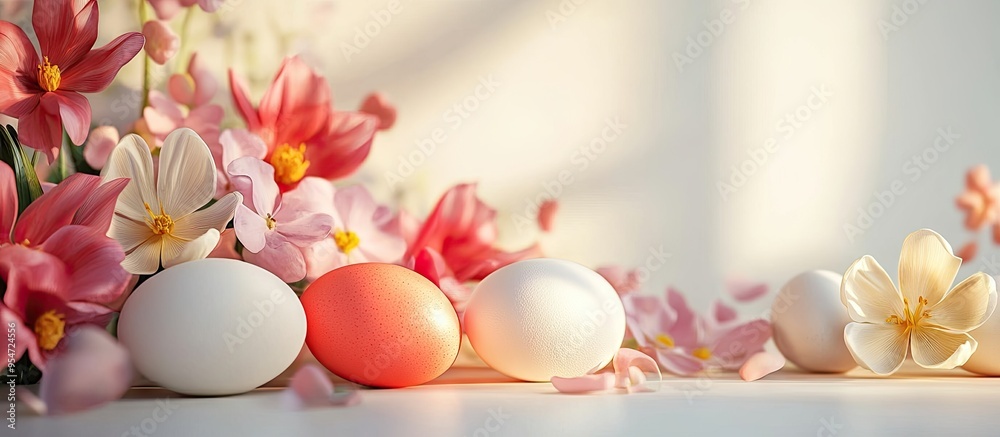 Poster Easter eggs featuring flowers. with copy space image. Place for adding text or design