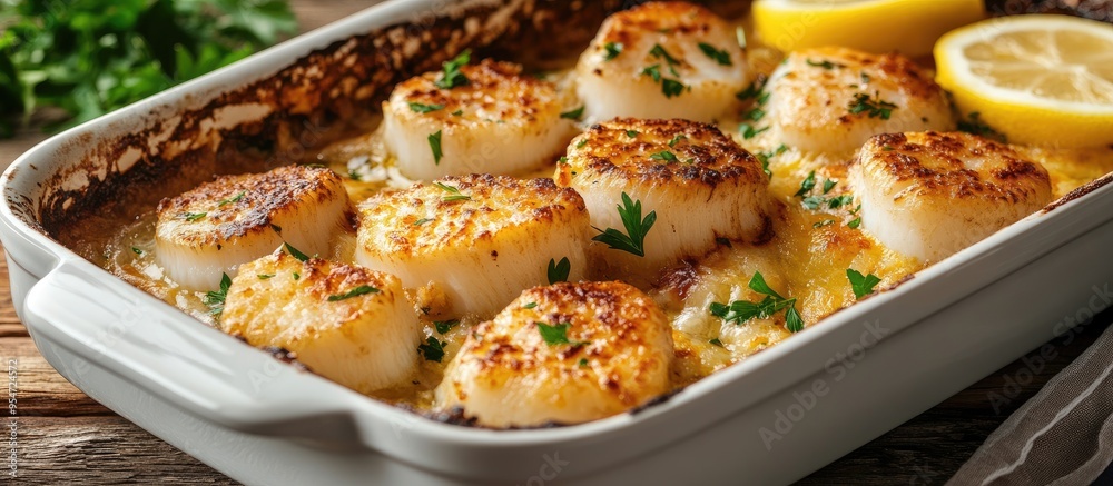 Poster Scallops au gratin baked in the oven with parsley and lemon. with copy space image. Place for adding text or design