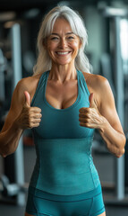 60 year old gym employee wearing gym workout clothing, holding both thumbs up, happy smile.