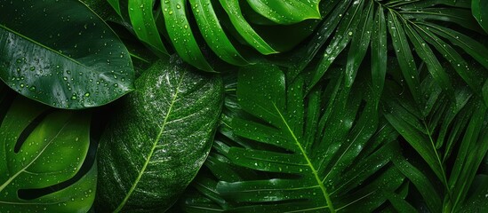 Fototapeta premium Natural green plant landscape serving as a background or wallpaper with copyspace for text Tropical leaves texture Close up of tropical palm leaves and jungle foliage Flat lay of green leaves with wa