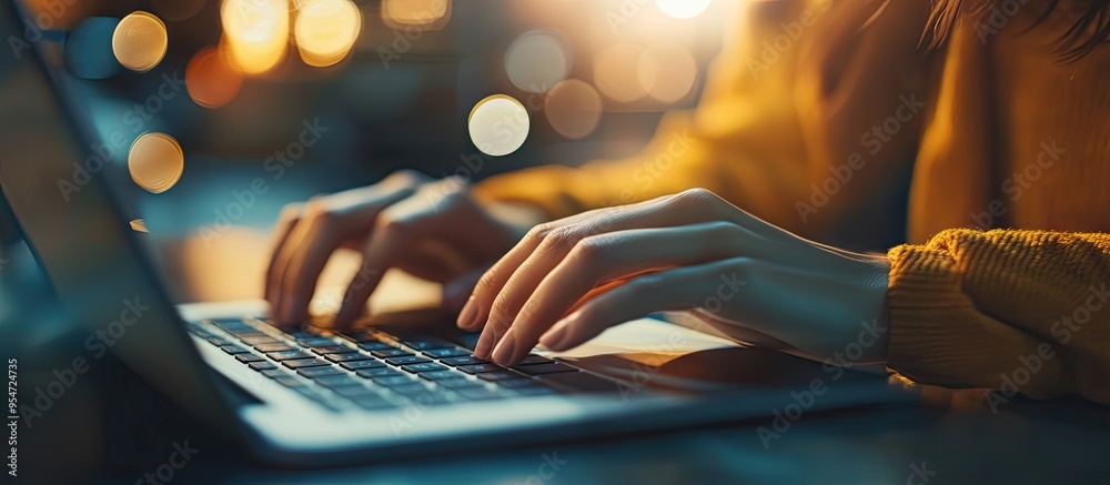 Aufkleber close up of female hands typing on a laptop keyboard mockup. with copy space image. place for adding