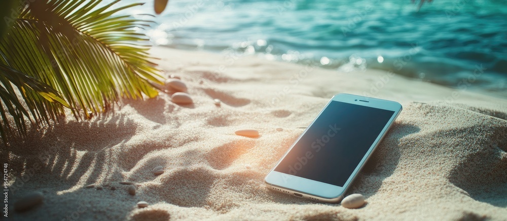 Poster Summer beach featuring a smartphone on a sandy outdoor setting. with copy space image. Place for adding text or design