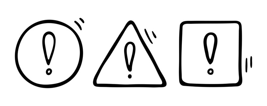 Doodle exclamation mark, notification bell, alert danger information sign set. Scribble hand drawn doodle exclamation point, stop warning sign in circle, triangle, square form