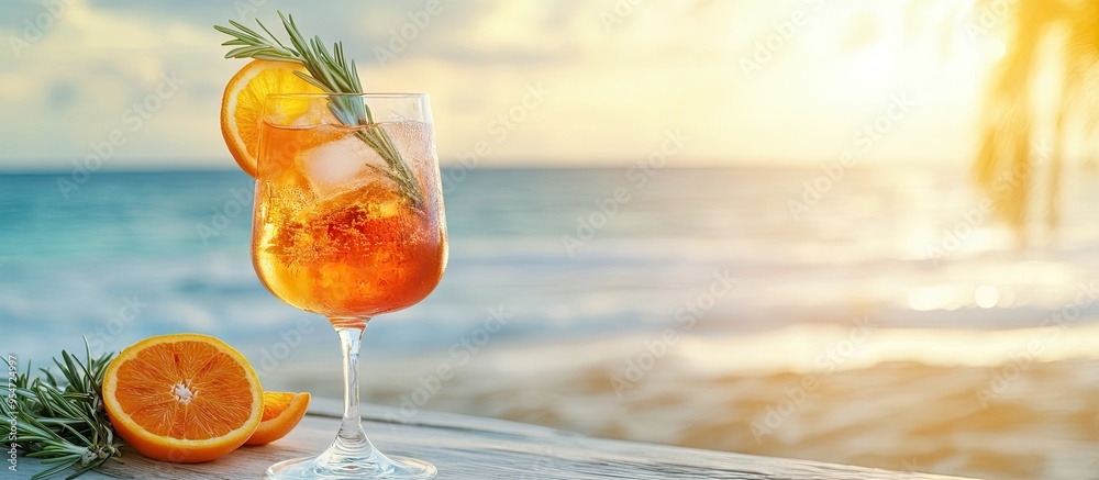 Poster Aperol spritz cocktail in a glass with orange slices and rosemary on a table at the beach Room for text. with copy space image. Place for adding text or design