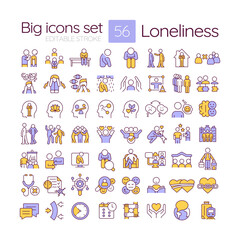 Loneliness RGB color icons set. Psychological distress. Mental health, relationships. Emotional support. Isolated vector illustrations. Simple filled line drawings collection. Editable stroke