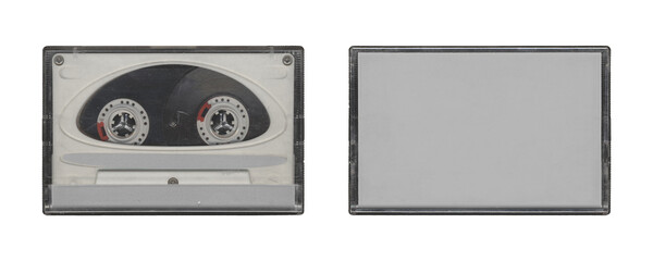Isolated, cassette tape case mockup, back and front sides, clear place for music cover, y2k retro style