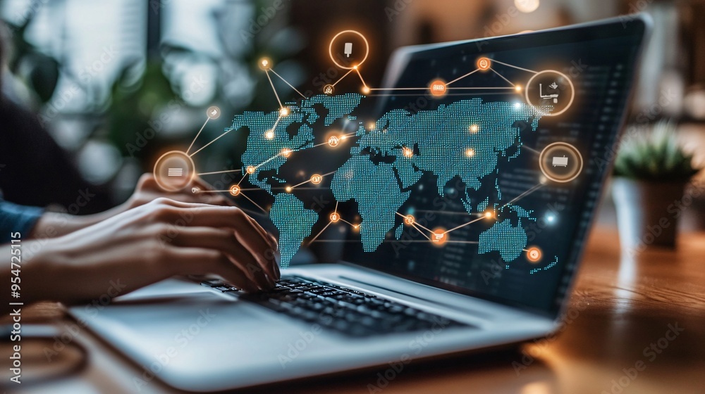 Poster Global connection shown through a video call with participants in various locations including a desert a rainforest and a metropolitan area emphasizing the freedom to work from any part of the world