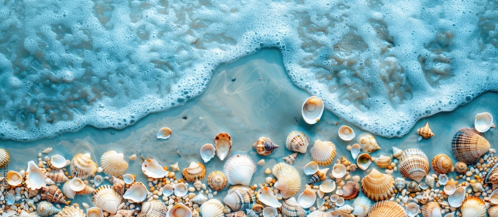 Poster Background featuring lovely sand seashells and pebbles on the beach by the sea shore. with copy space image. Place for adding text or design
