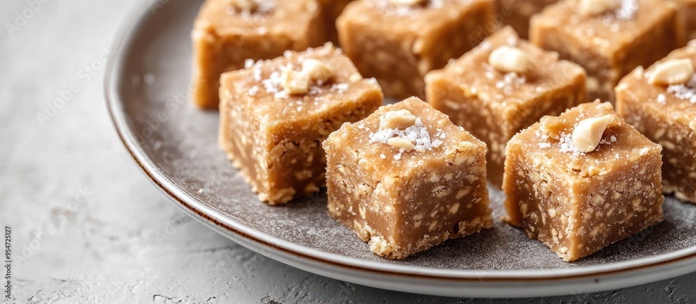 Aufkleber various types of halva pieces on a gray plate set against a white marble background concept of middl