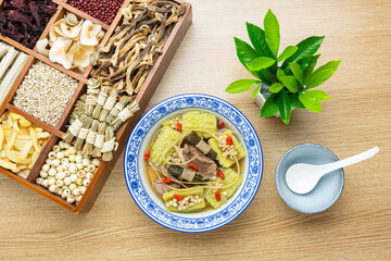 Guangdong traditional soup - rush, barley, bitter melon and pork bone soup