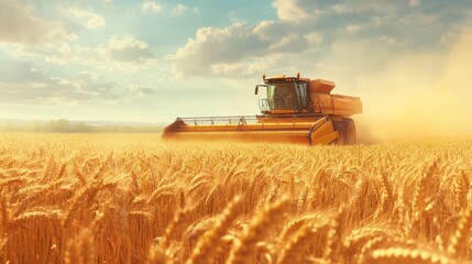 Fototapeta premium Harvesting wheat in a golden field with a combine harvester under a bright, sunny sky, symbolizing agriculture and farming.