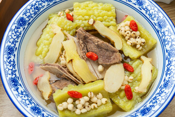 Guangdong traditional soup - Polygonatum, coix seed, bitter melon and pork bone soup
