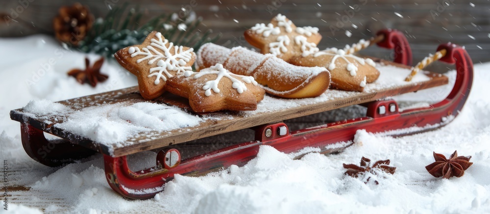 Poster small red vintage sled loaded with christmas cookies. with copy space image. place for adding text o
