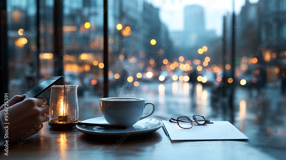 Aufkleber cityscape workspace featuring a person working on a tablet at a cafe balcony with a view of a busy u
