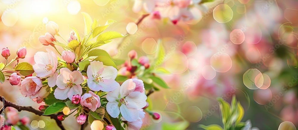 Poster beautiful flowering apple trees create a background filled with blooming flowers on a spring day che