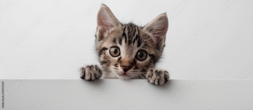 Poster A curious kitten peers down at an empty white banner set against a white background. with copy space image. Place for adding text or design