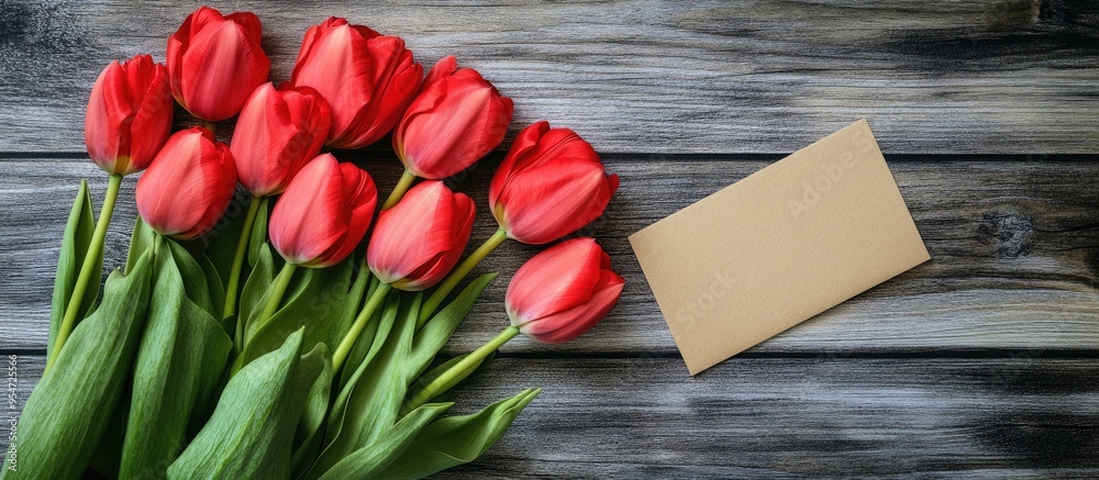 Poster Fresh tulips and a greeting card on a wooden table background. with copy space image. Place for adding text or design