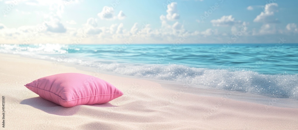 Poster summer pink beach with a cozy pink seat cushion on the sand. with copy space image. place for adding