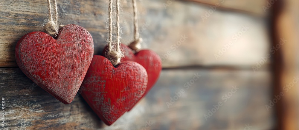 Poster Concept of love Hearts hanging from a string captured against a wooden backdrop. with copy space image. Place for adding text or design