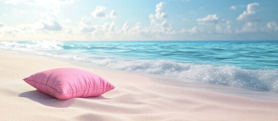 Obraz premium Summer pink beach with a cozy pink seat cushion on the sand. with copy space image. Place for adding text or design