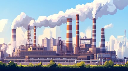Fototapeta premium Industrial factory with smoking chimneys against a clear sky, representing pollution and industrial activity.
