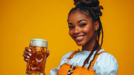 The image depicts a person with braided hair holding a large beer glass, standing against an orange background, and wearing a traditional outfit with a detailed front piece.