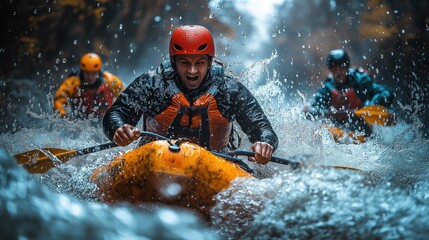 Rafting. A group of people rafting down a whitewater river. Rafting and whitewater rafting. An extreme sport. A group sport.