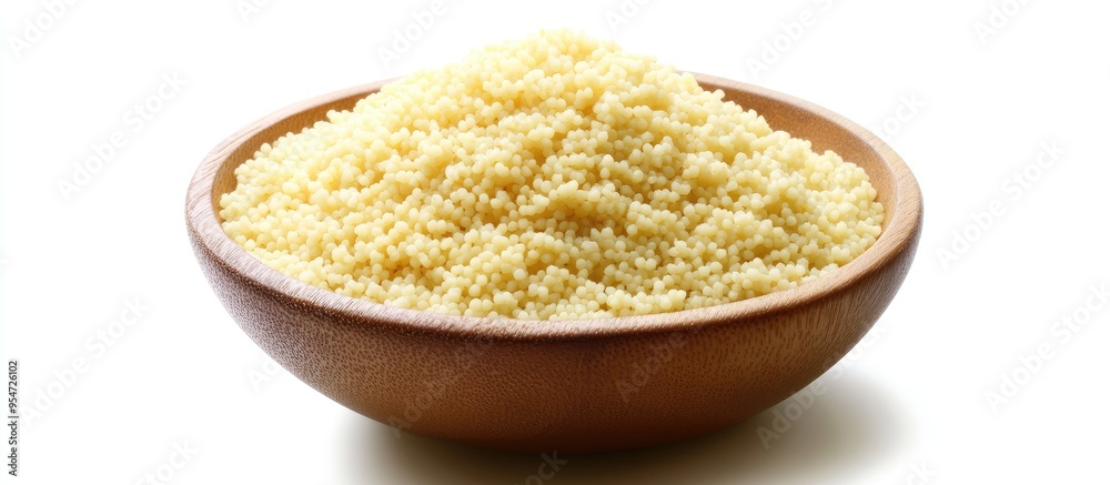 Poster raw organic couscous in a bowl on a white background with copy space