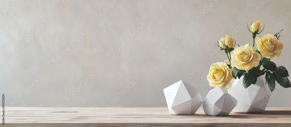 Aufkleber Attractive display for a product White geometric shapes and yellow roses on a wooden table set against a light grey backdrop with space for text. with copy space image
