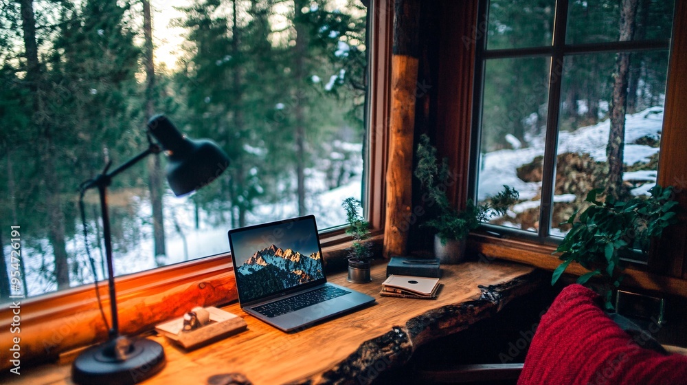 Poster mountain retreat office with a laptop on a wooden table next to a large window framing a snow-capped