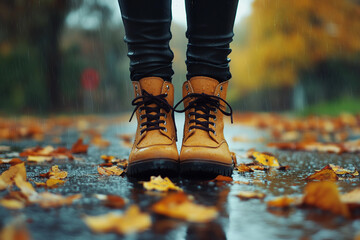 Dramatic quiet autumn scene, sad minded person contemplating rainy day, Generative AI