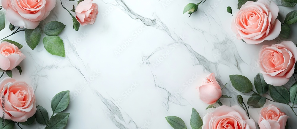 Fototapete frame adorned with pink roses set against a white marble background. with copy space image. place fo