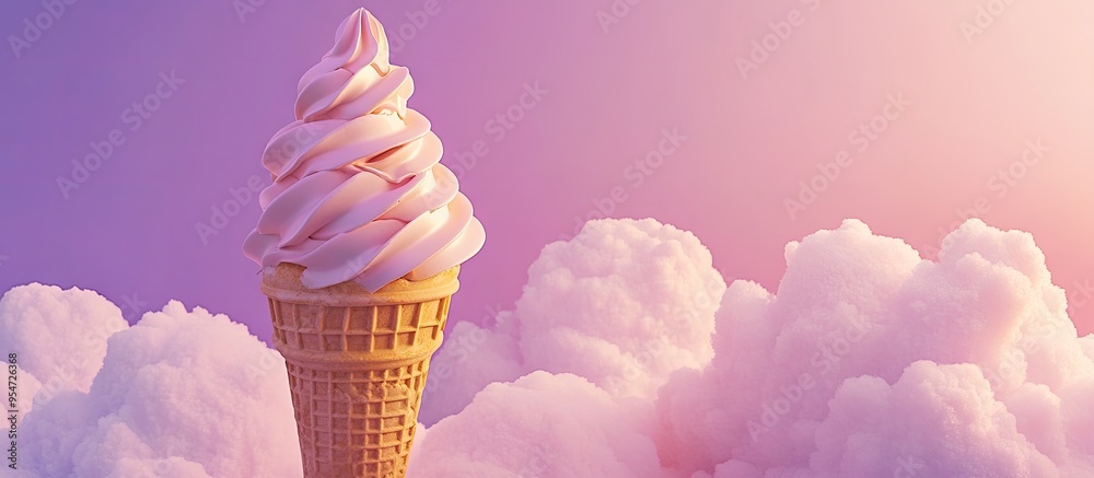 Aufkleber Creative concept featuring an ice cream cone and soft clouds against a purple background. with copy space image. Place for adding text or design