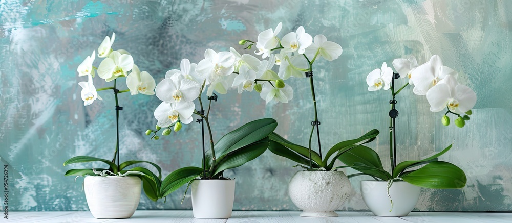 Fototapete orchids in a vase against a white background. with copy space image. place for adding text or design
