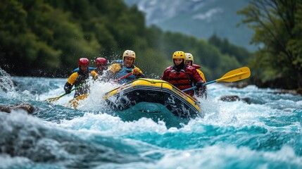 Rafting. A group of people rafting down a whitewater river. Rafting and whitewater rafting. An extreme sport. A group sport.