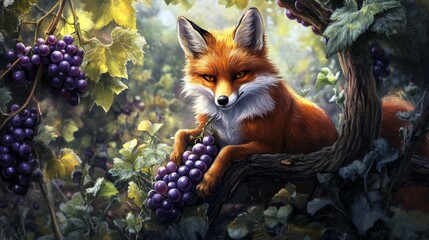 Fototapeta premium A fox perches comfortably among the grapevines, surrounded by deep purple grapes and rich green leaves, evoking a serene and vibrant atmosphere in a flourishing forest.