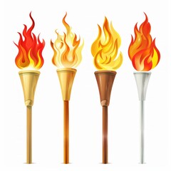 Set of different torch with fire on white background