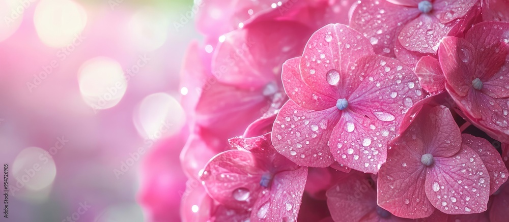Leinwandbilder pink hydrangea with droplets of water. with copy space image. place for adding text or design