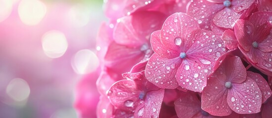 Obraz premium Pink hydrangea with droplets of water. with copy space image. Place for adding text or design